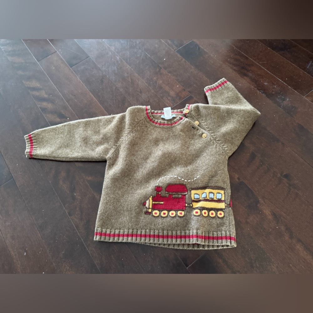 EUC JANIE & JACK Brown Train-Themed Kids Sweater MERINO WOOL